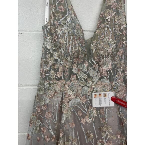 New Mac Duggal Sz 12 pink flower floral glitter Embroidered Illusion V-Neck Gown - Picture 5 of 11